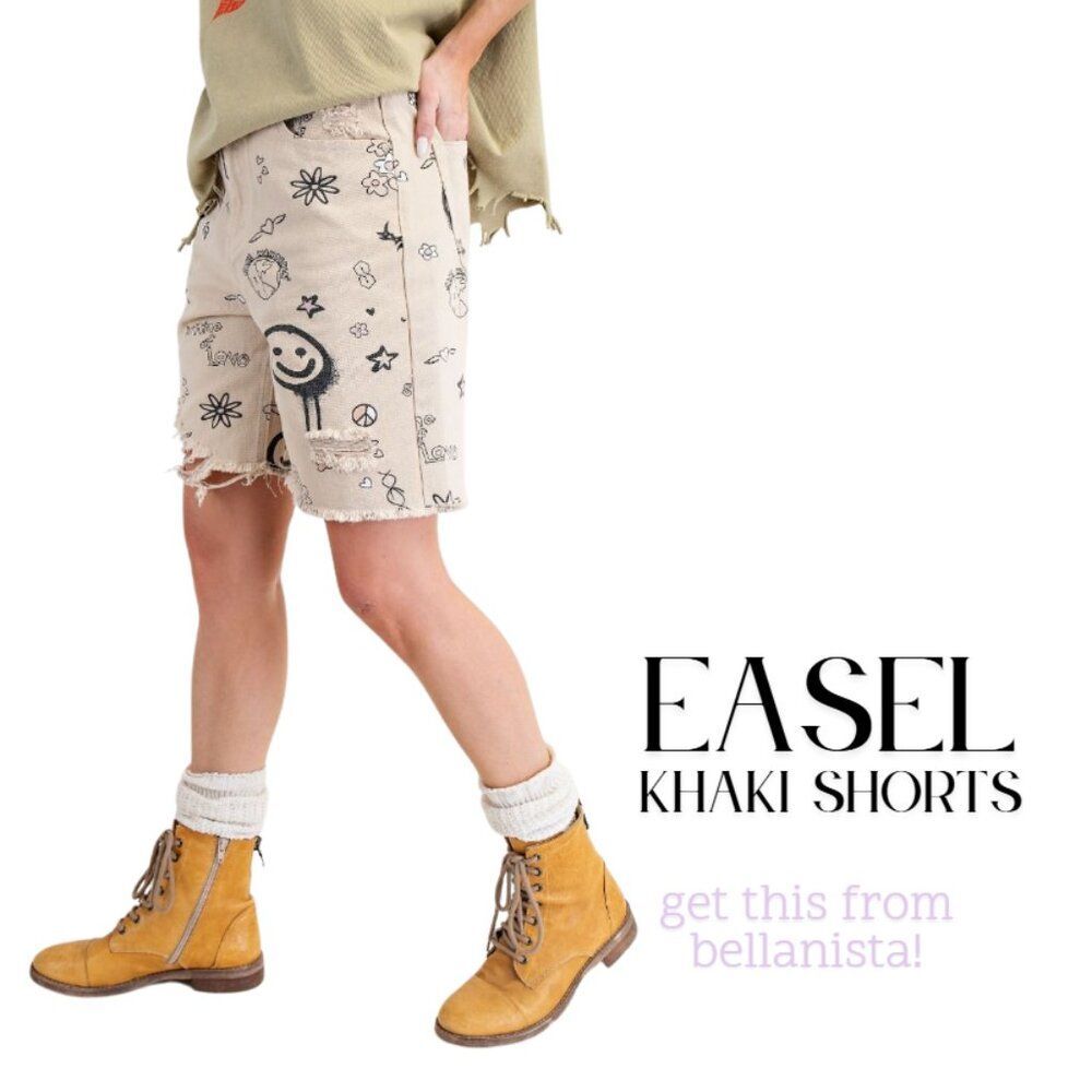 easel shorts Khaki Jean Shorts with Black smile smiley face womens size large LG - Picture 4 of 5